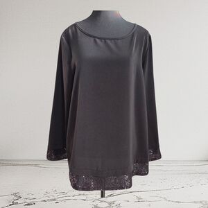 Emery Rose Black Long Sleeve Relaxed Blouse With Sequin Trim Size XL